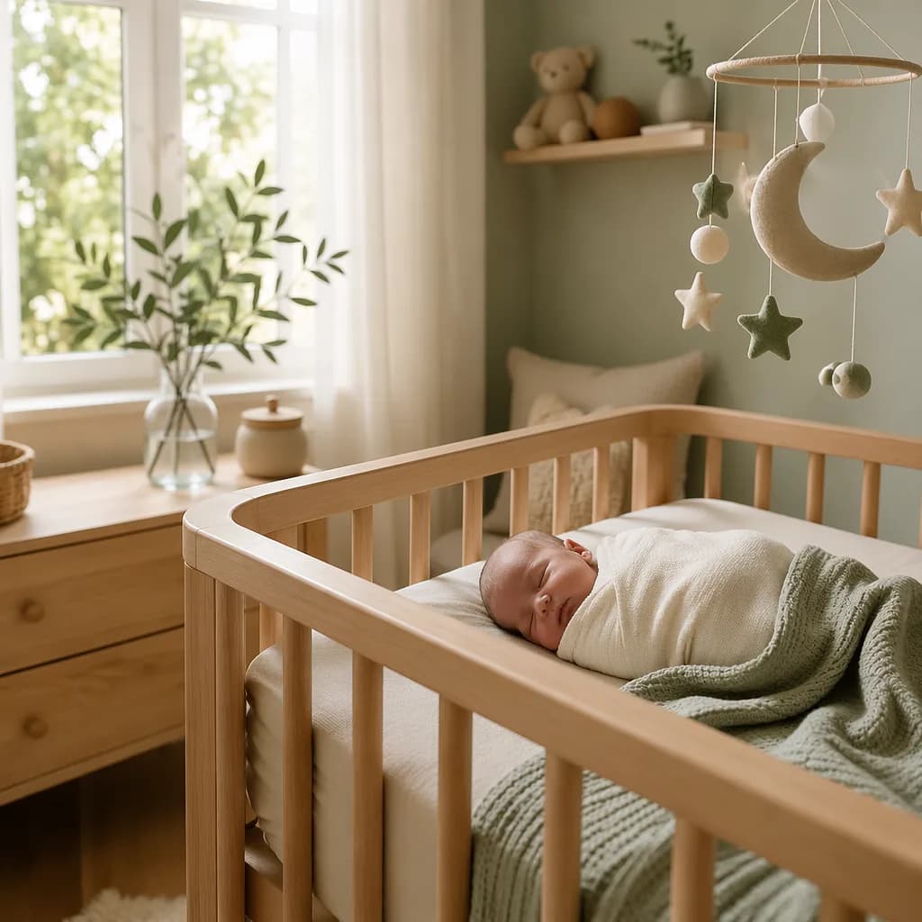 Soft pastel nursery with a swaddled newborn, crescent mobile, and olive branch