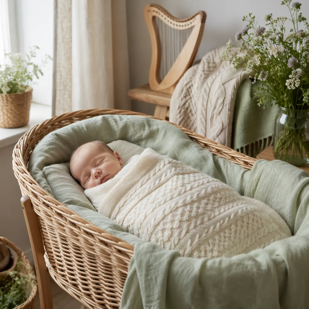 Sleeping newborn in a soft Irish-inspired nursery with pastel linens and gentle natural light