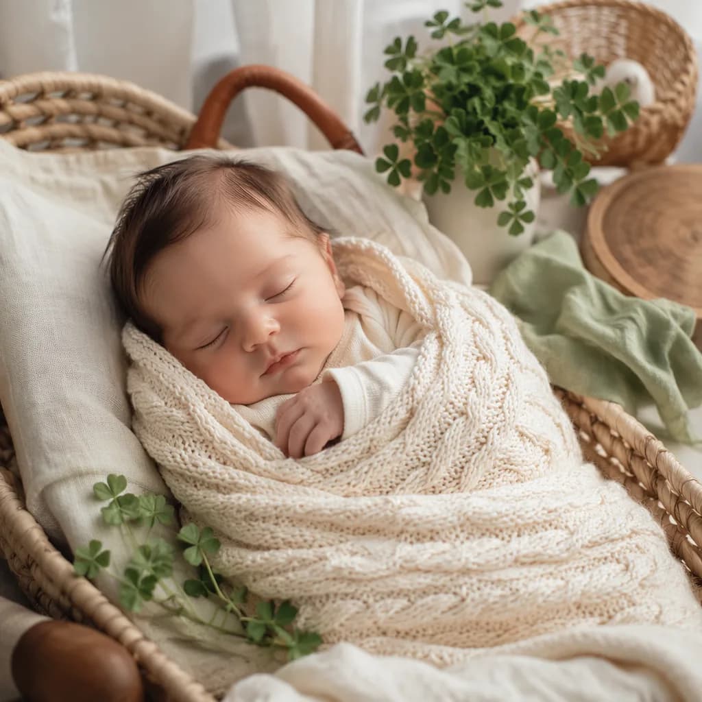 A peaceful baby in a soft Irish-inspired nursery with pastel shamrock accents.