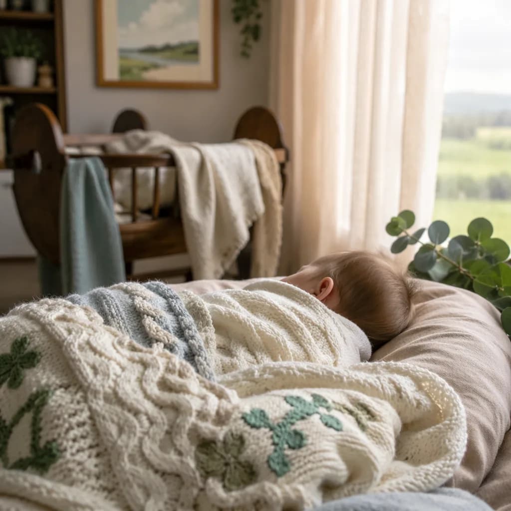 Sleeping newborn in a soft Irish-inspired nursery with cream knits and sage accents.