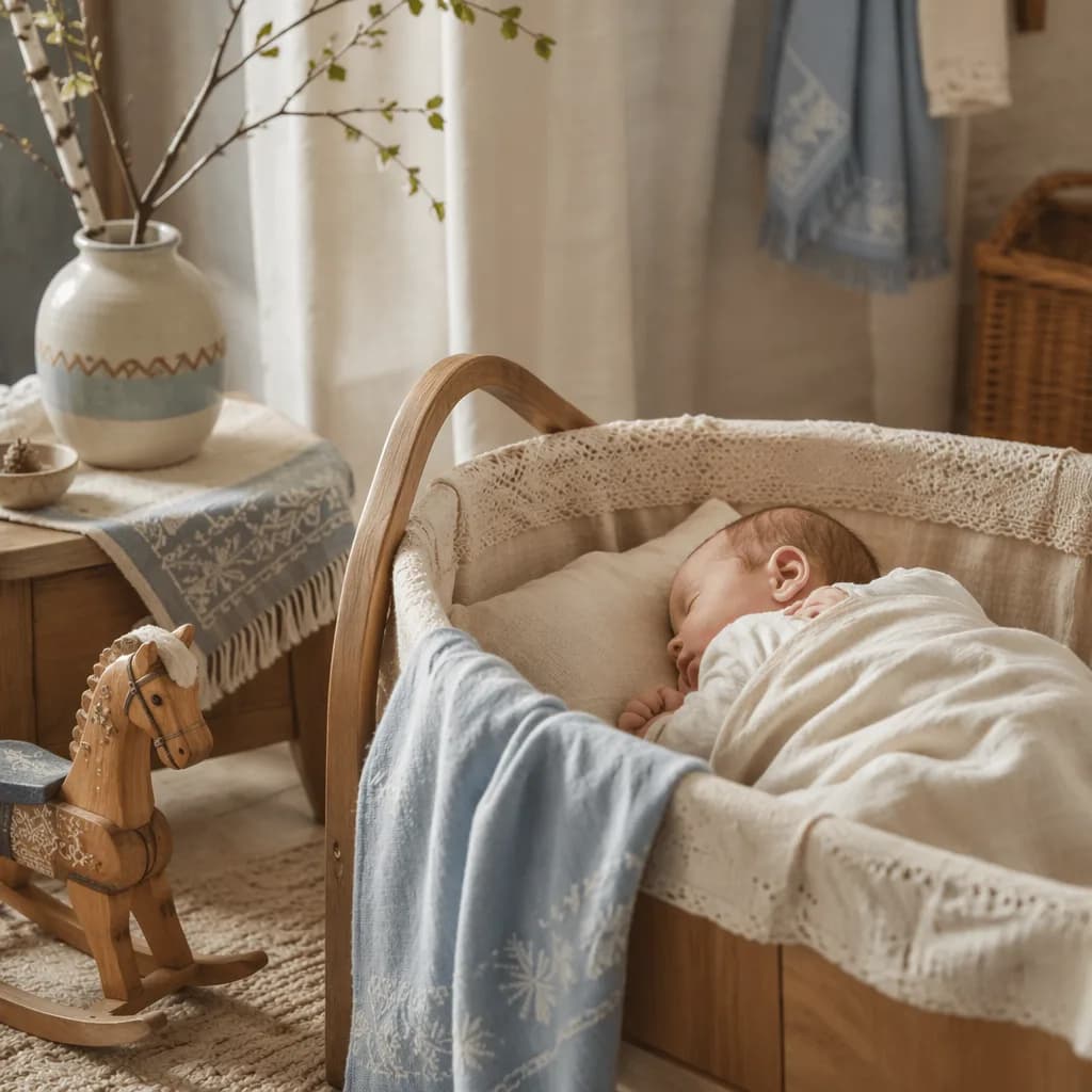 A cozy Russian-inspired nursery with a sleeping swaddled newborn, birch branches, and soft pastel textiles.