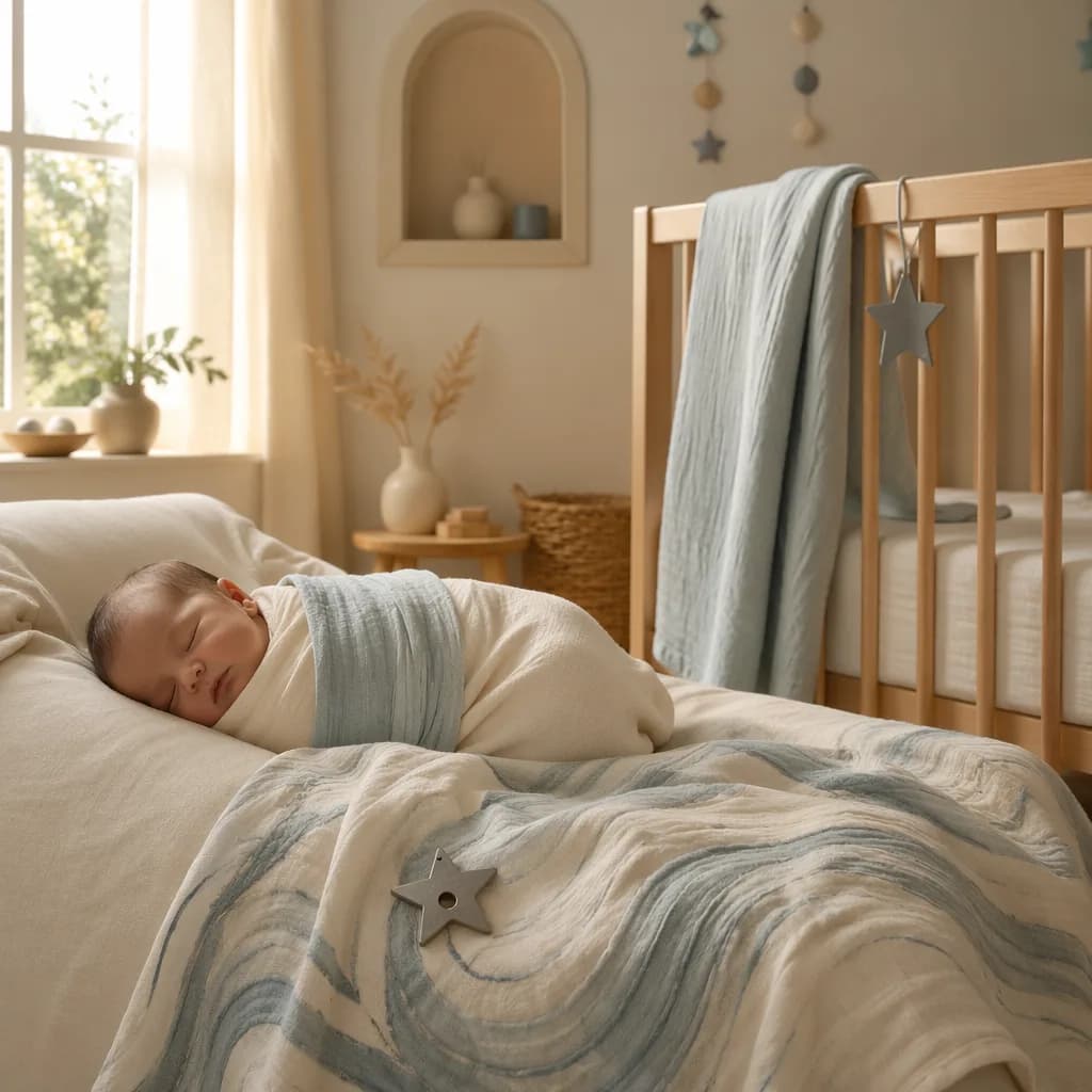 Sleeping baby in a soft Turkish-inspired nursery with gentle strength and river motifs.