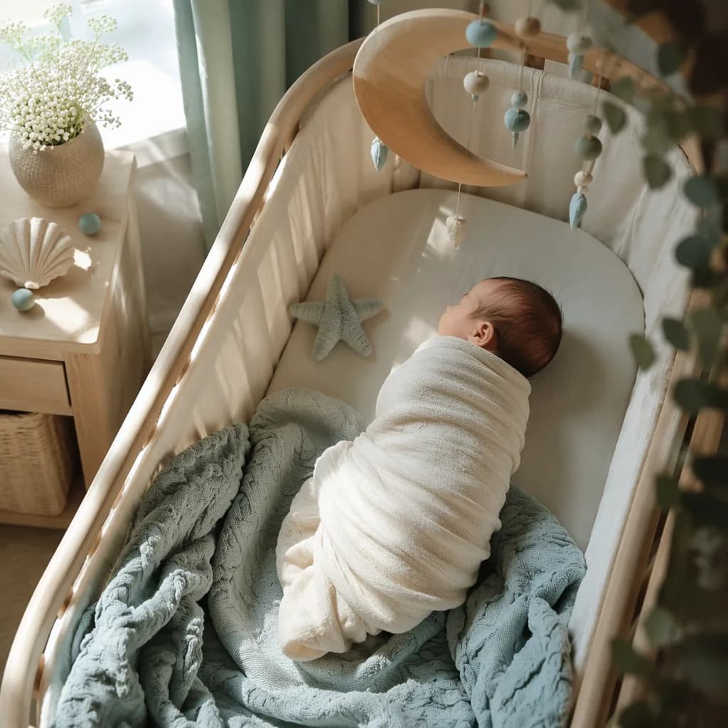 Serene pastel nursery with a swaddled baby and soft blue accents inspired by the name Derin.