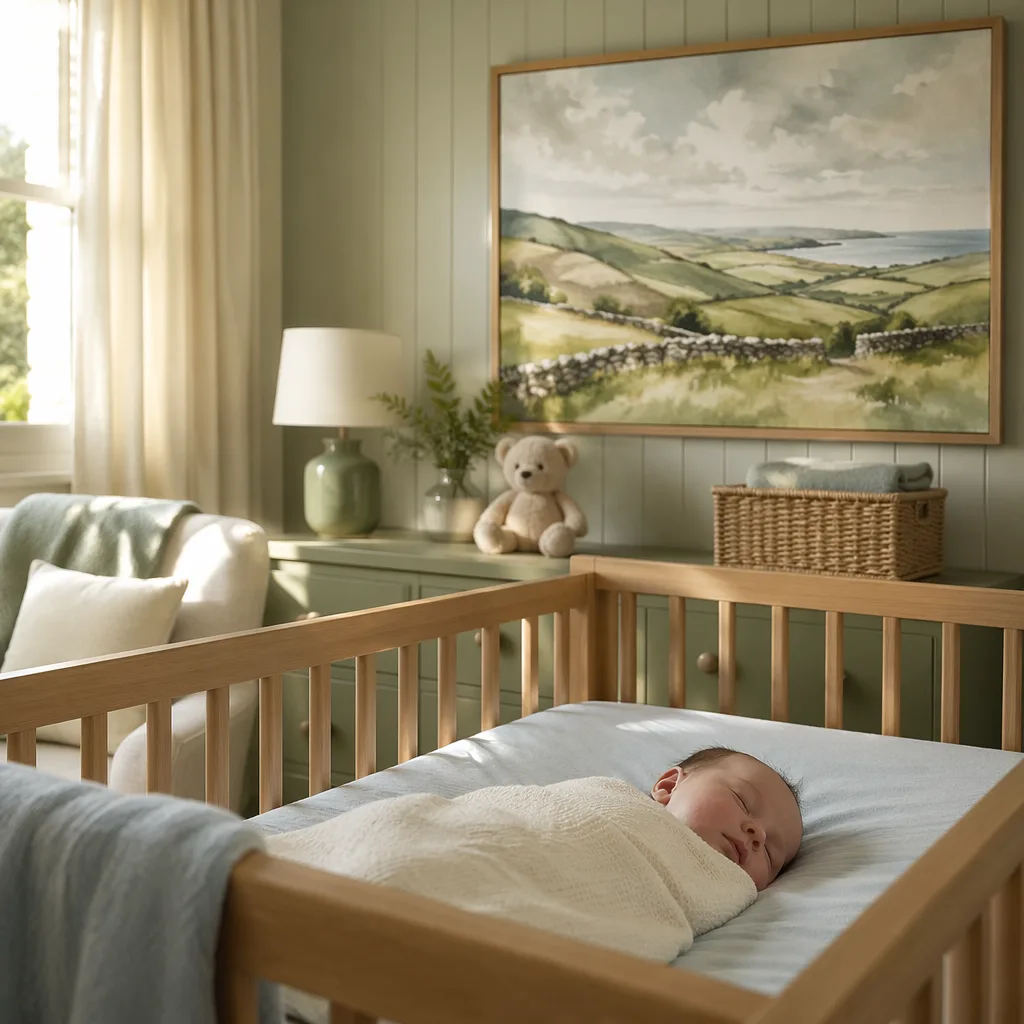 Sleeping baby in a soft pastel nursery with subtle Irish countryside decor.