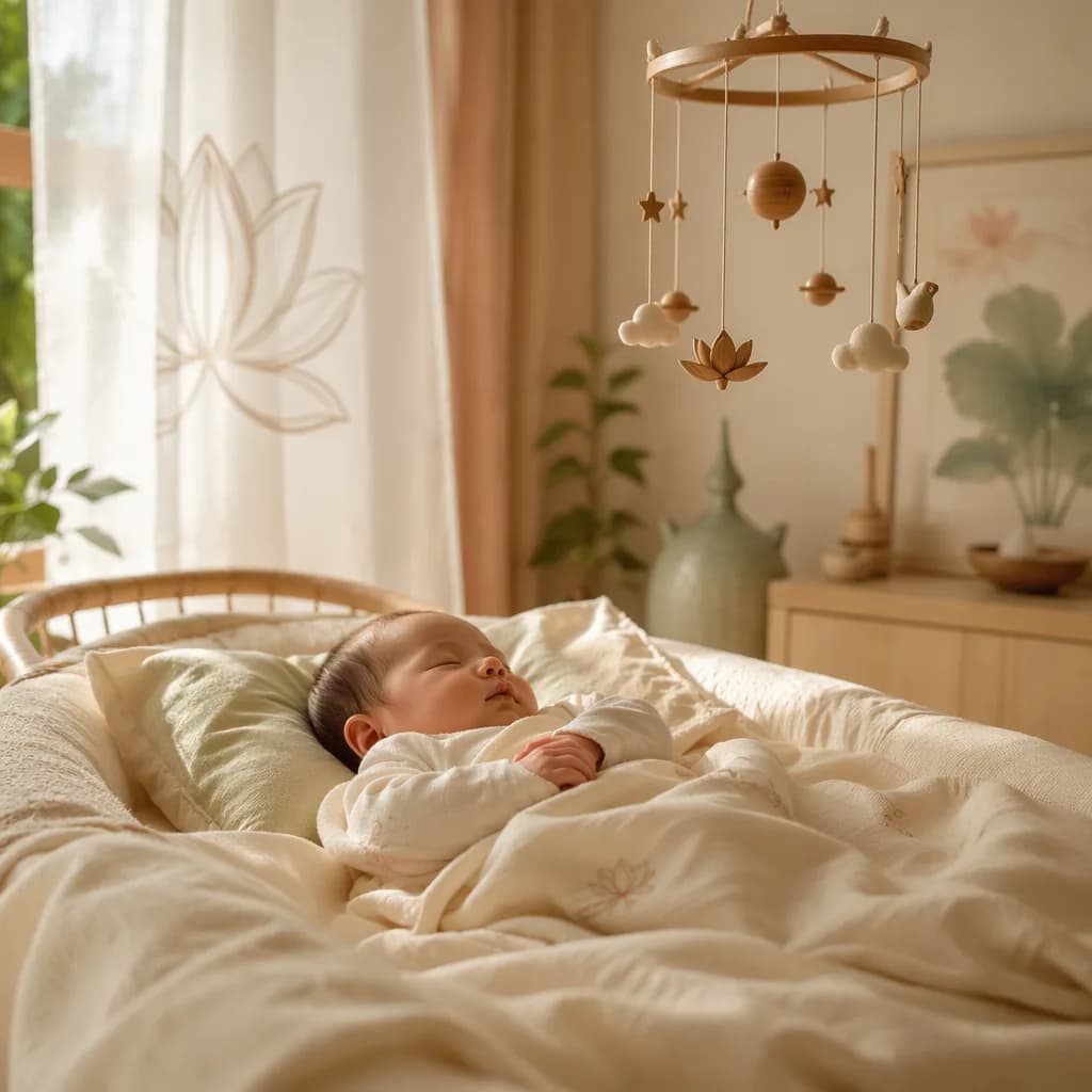Peaceful newborn in a warm pastel nursery with soft Sanskrit-inspired lotus details.