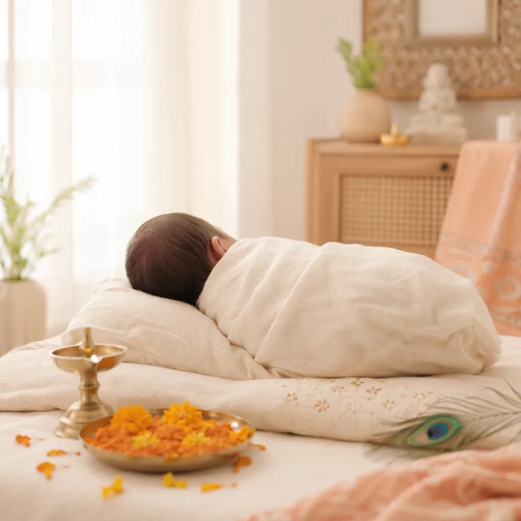 Sleeping newborn in a soft pastel nursery with subtle Indian-inspired divine blessing details.