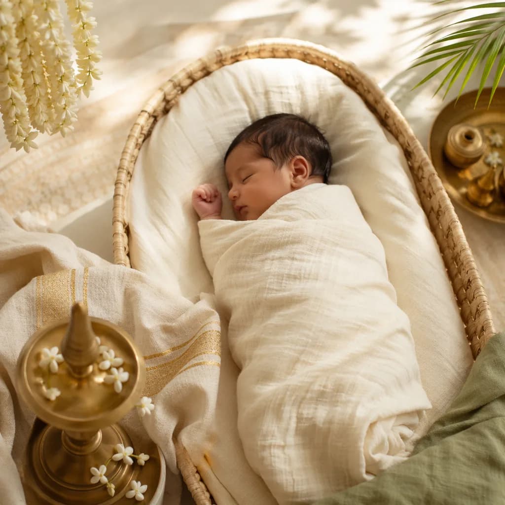 Peaceful sleeping baby in a warm pastel nursery with subtle Indian-inspired details.