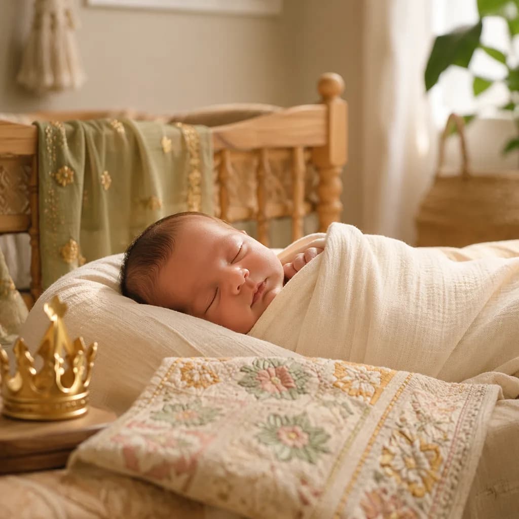 Sleeping newborn in a cozy Punjabi-inspired nursery with soft pastel decor and gentle light.