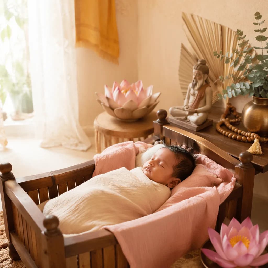 Peaceful newborn in a soft pastel nursery with lotus flowers and gentle Sanskrit-inspired decor.