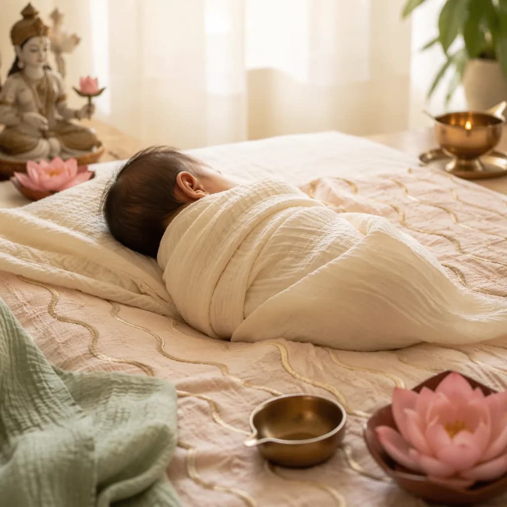 A peaceful pastel nursery with a swaddled baby, lotus accents, and soft natural light.