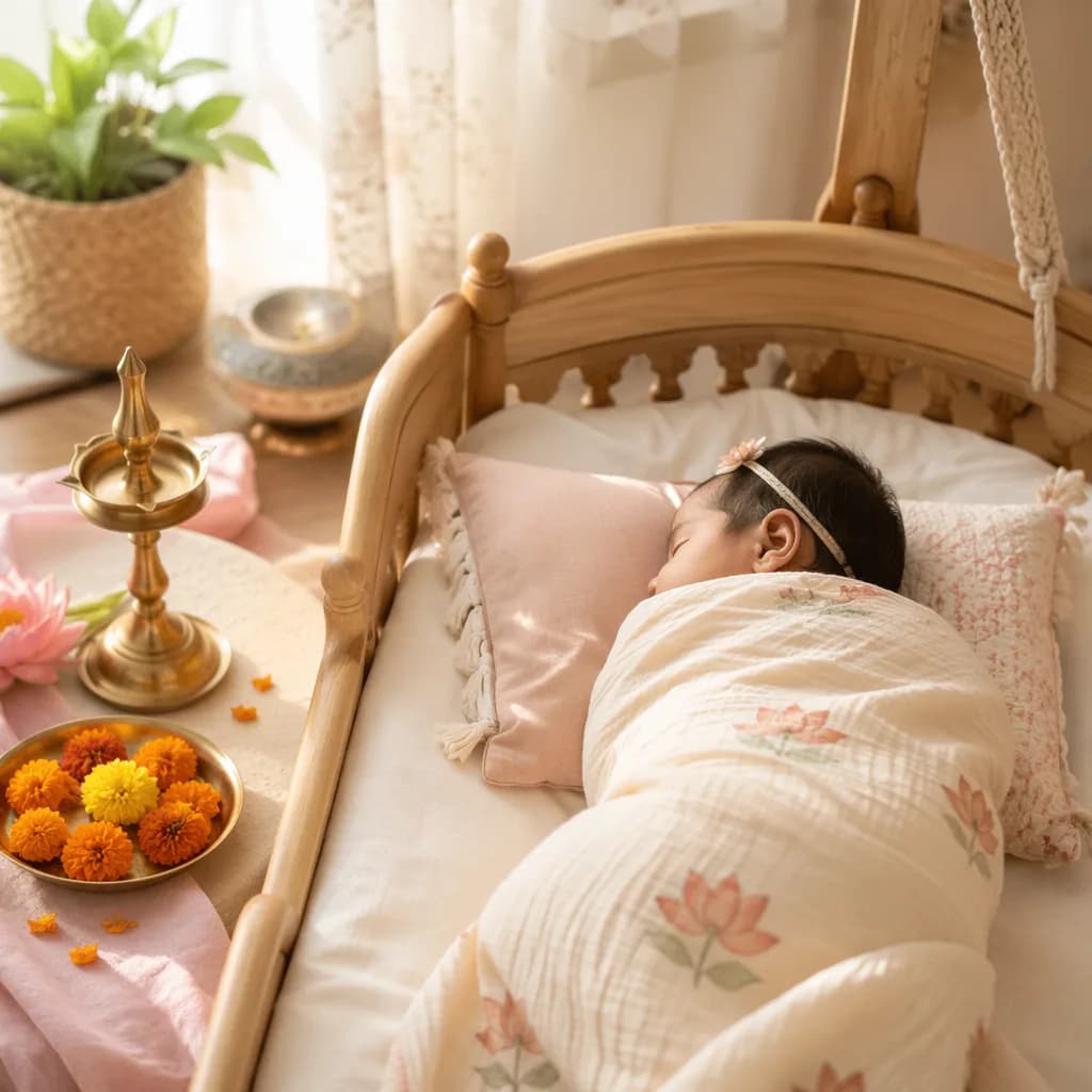 Sleeping swaddled baby in a soft pastel nursery with gentle Sanskrit-inspired decor.