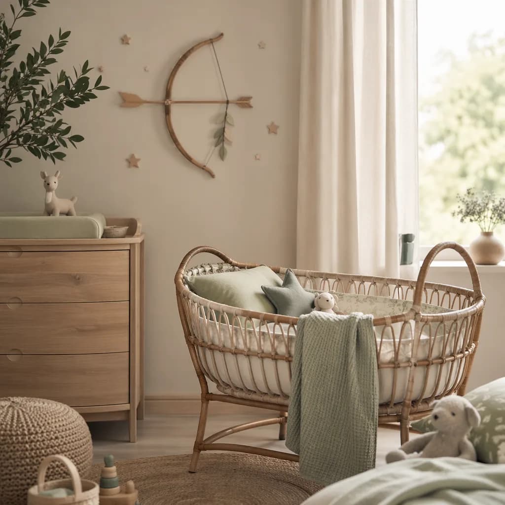 Soft pastel nursery with a bassinet and gentle bow-shaped decor inspired by the name Dhanvin.