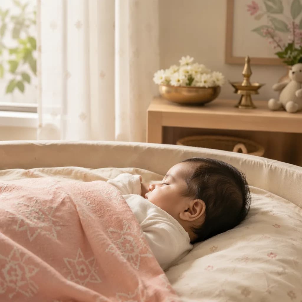 A peaceful Tamil-inspired nursery with a sleeping baby, soft pastel fabrics, jasmine flowers, and gentle morning light.