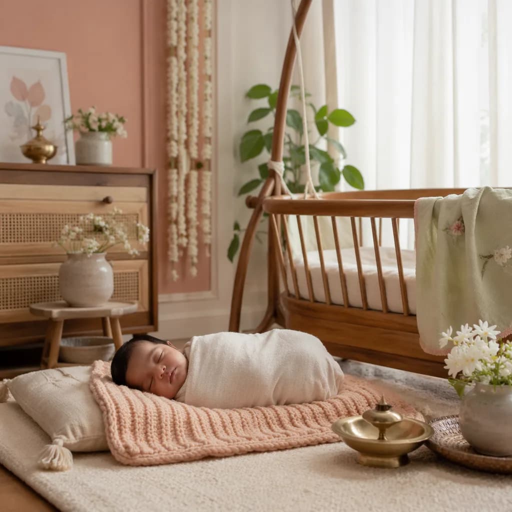 A serene pastel nursery with a sleeping baby, jasmine flowers, and warm natural light, evoking patience and calm.