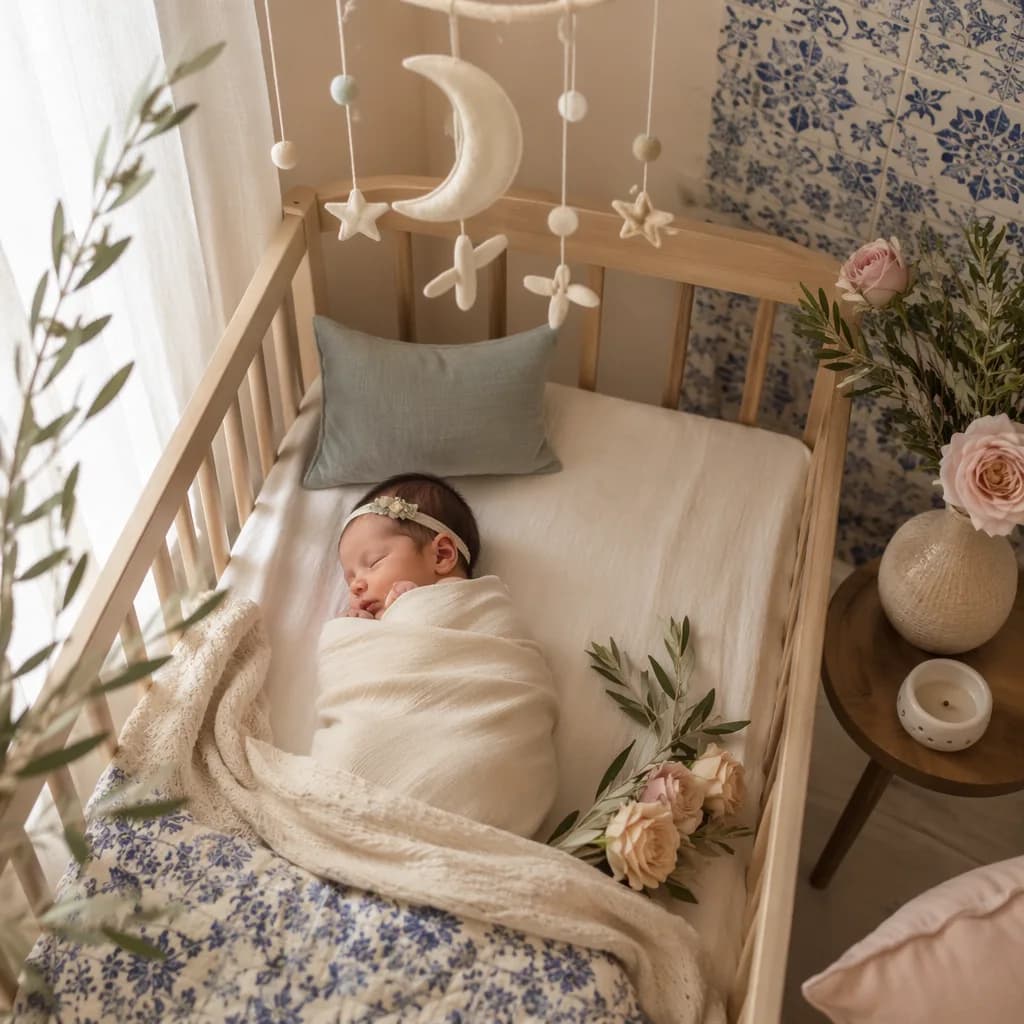 A softly lit Portuguese-inspired nursery with a swaddled sleeping baby, moon mobile, and gentle pastel decor.