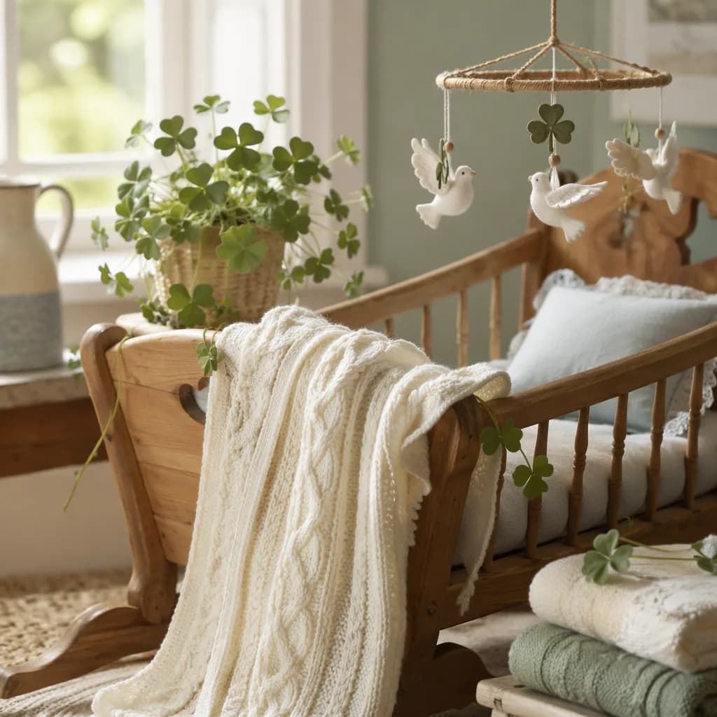 Cozy Irish-inspired nursery still-life with soft blanket, shamrock accents, and a white dove motif.