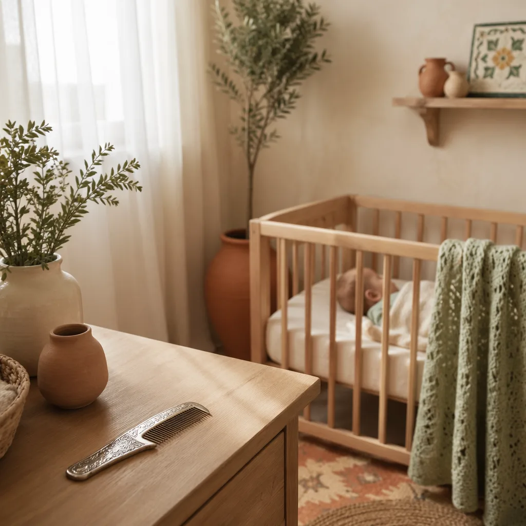 Peaceful baby in a warm Spanish-inspired nursery with soft natural light.