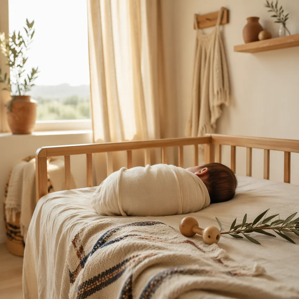 A softly lit modern nursery with a swaddled sleeping baby and warm Spanish-inspired details.