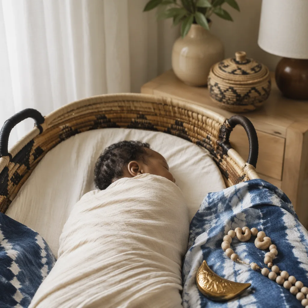 A softly lit Yoruba-inspired nursery with a swaddled baby and gentle keepsakes.