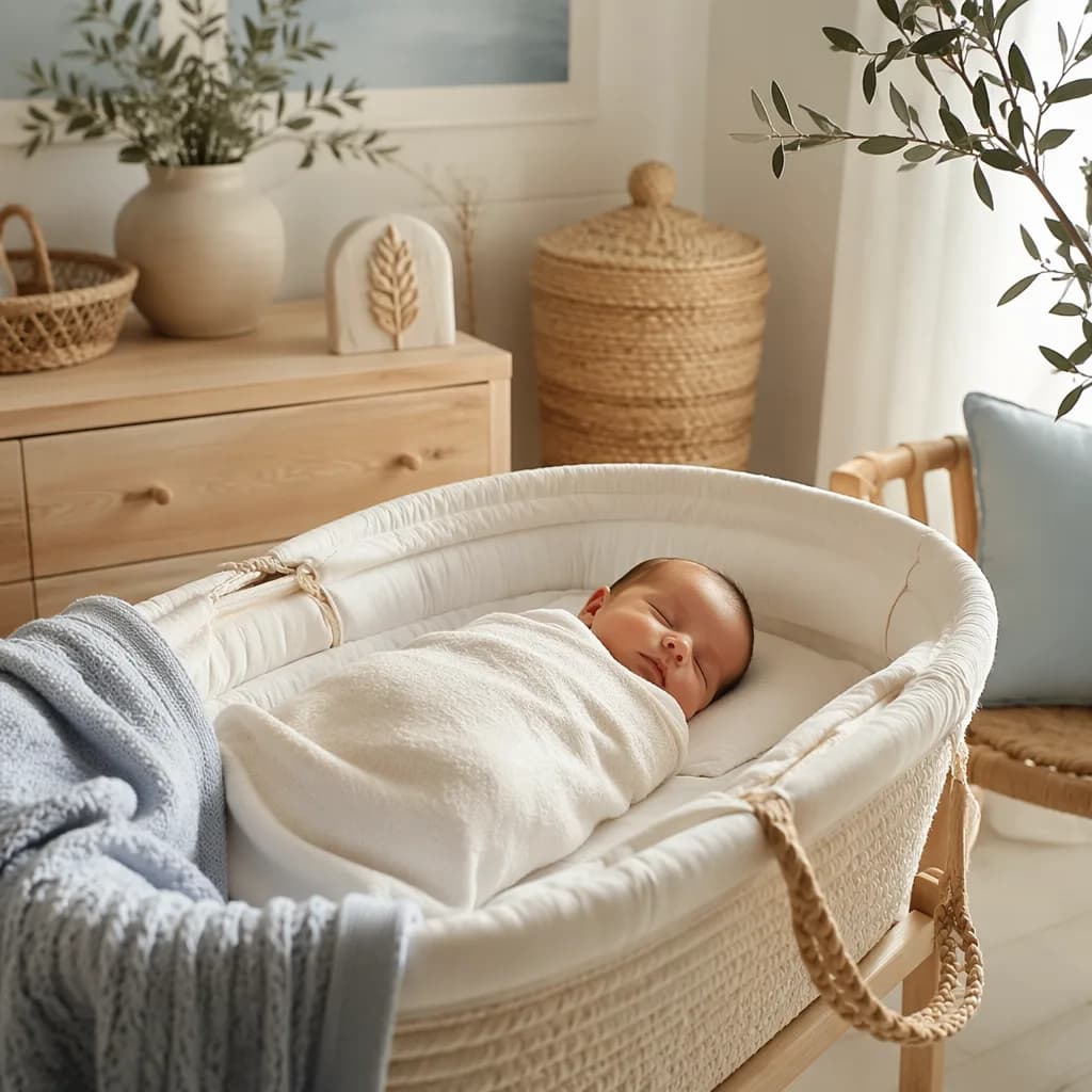 Sleeping baby in a soft Greek-inspired nursery with olive branches and warm natural light