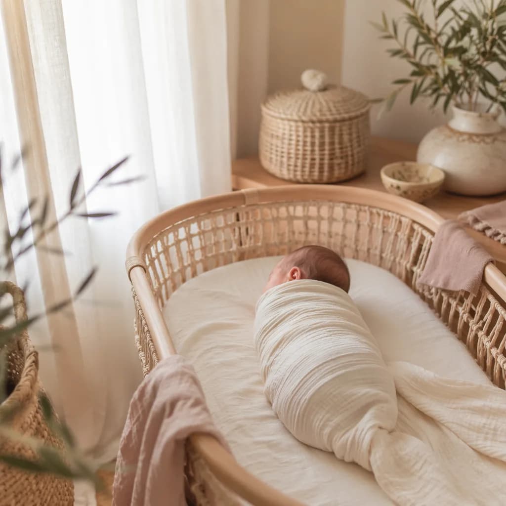 Peaceful swaddled baby in a warm pastel nursery with soft Arabic-inspired details.