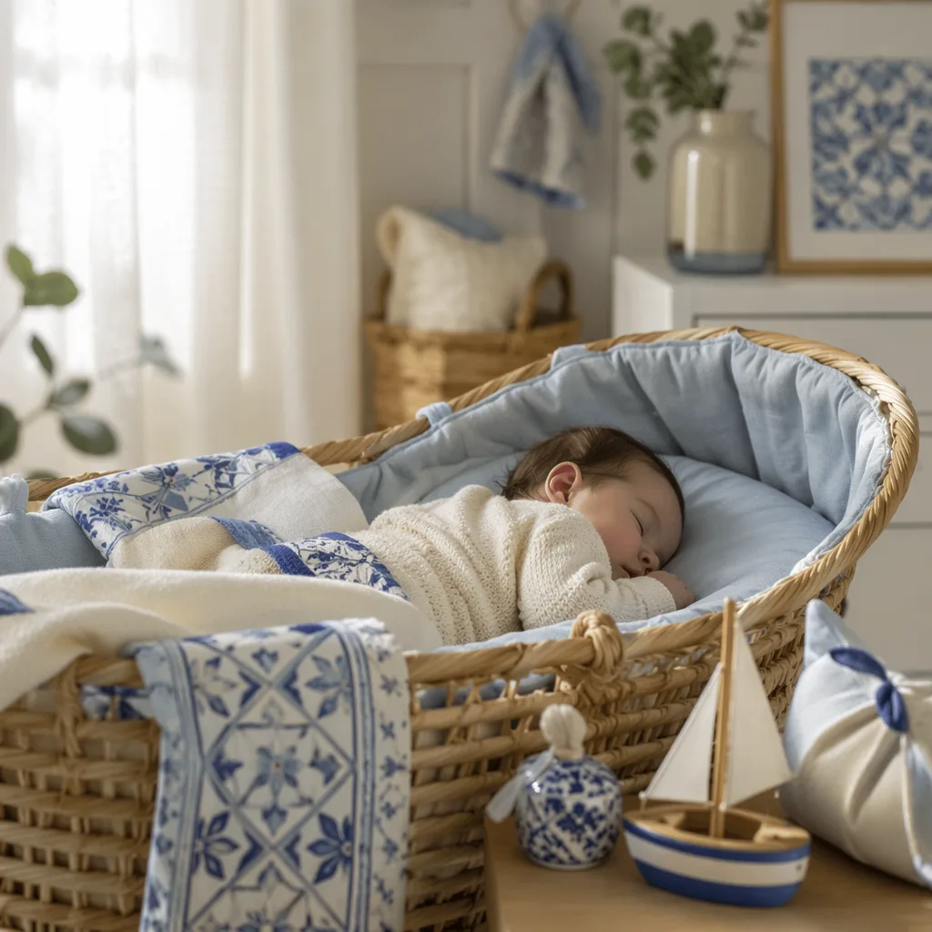A peaceful Portuguese-inspired nursery with a sleeping baby in a wicker bassinet and soft pastel details.