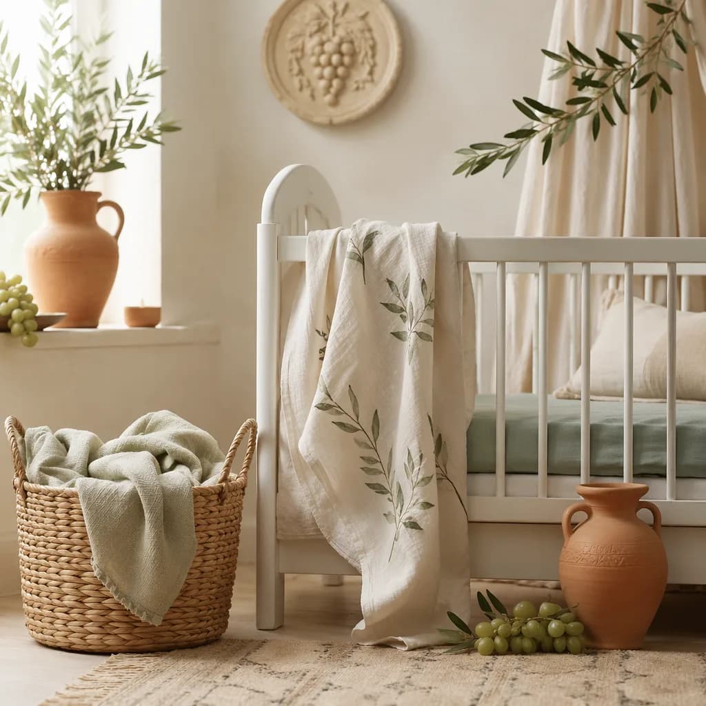 Soft Greek-inspired nursery with olive branches, terracotta accents, and a cozy crib.