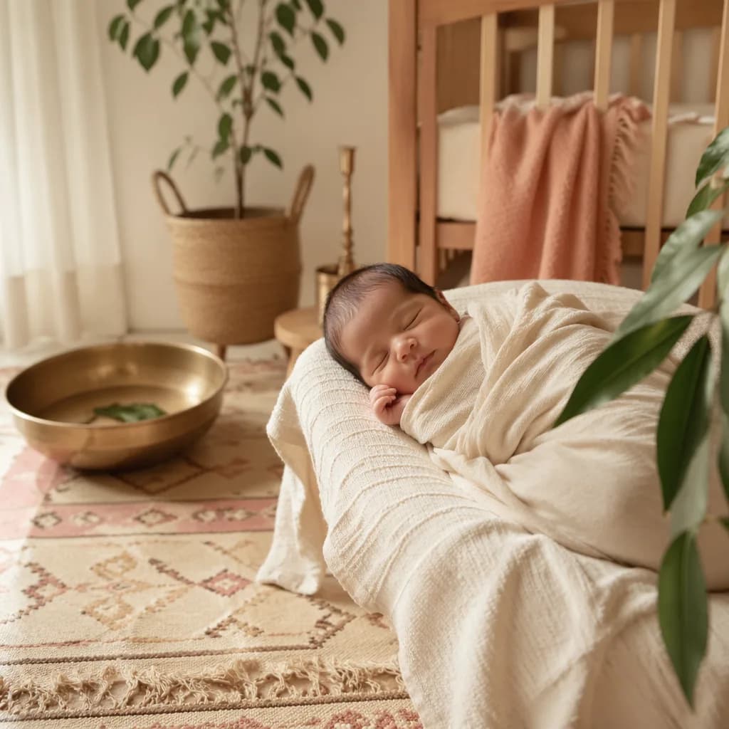 Serene newborn in a soft pastel nursery with gentle Sanskrit-inspired decor.