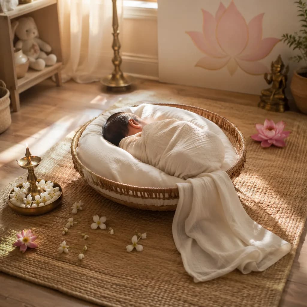 Sleeping swaddled baby in a softly lit pastel nursery with Indian-inspired jasmine, lotus, and brass diya details.