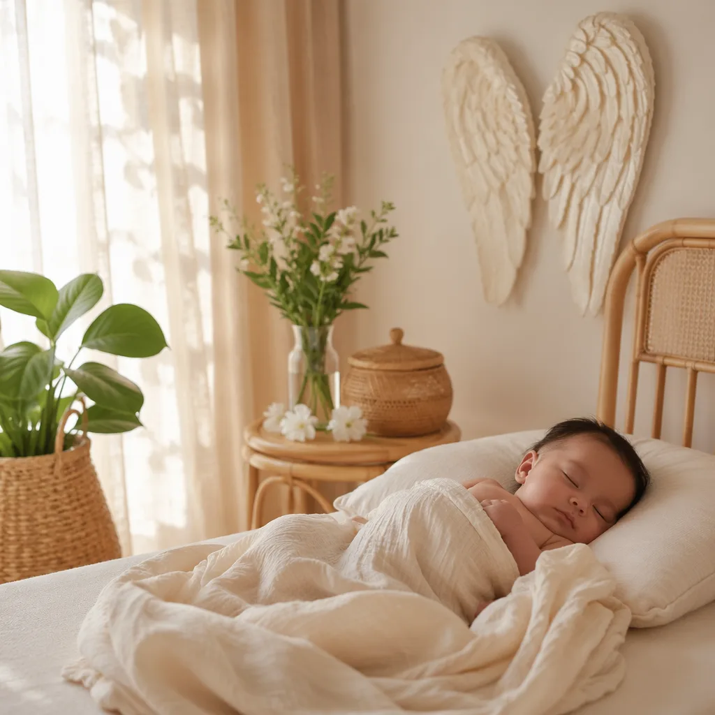 A peaceful Filipino baby sleeping in a soft pastel nursery with gentle angel-inspired decor.