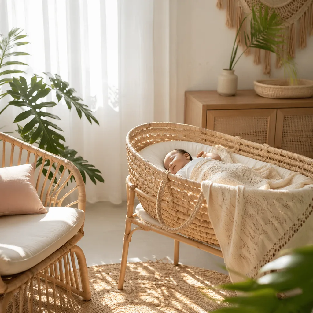 Peaceful baby in a cozy pastel nursery with warm Filipino-inspired details.