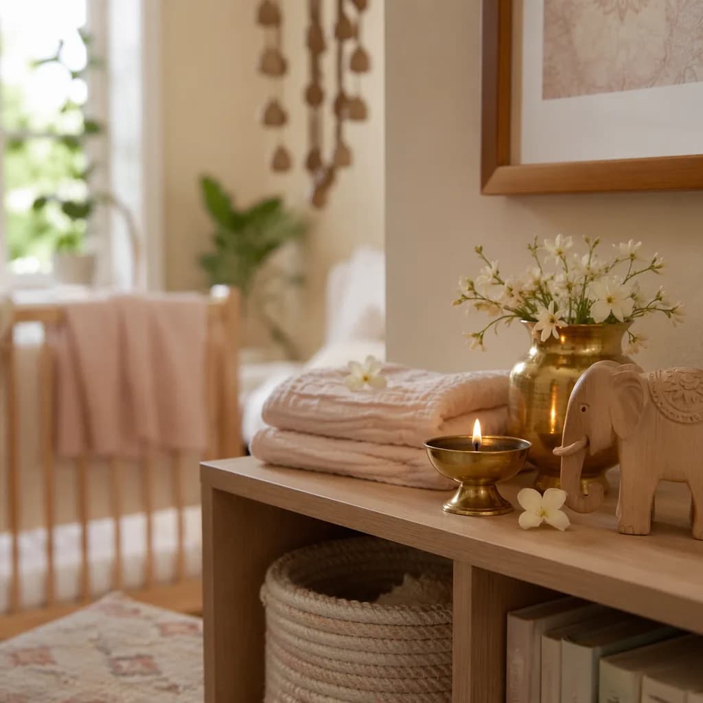 Soft pastel nursery still life with a glowing diya, jasmine flowers, swaddle, and wooden elephant toy.