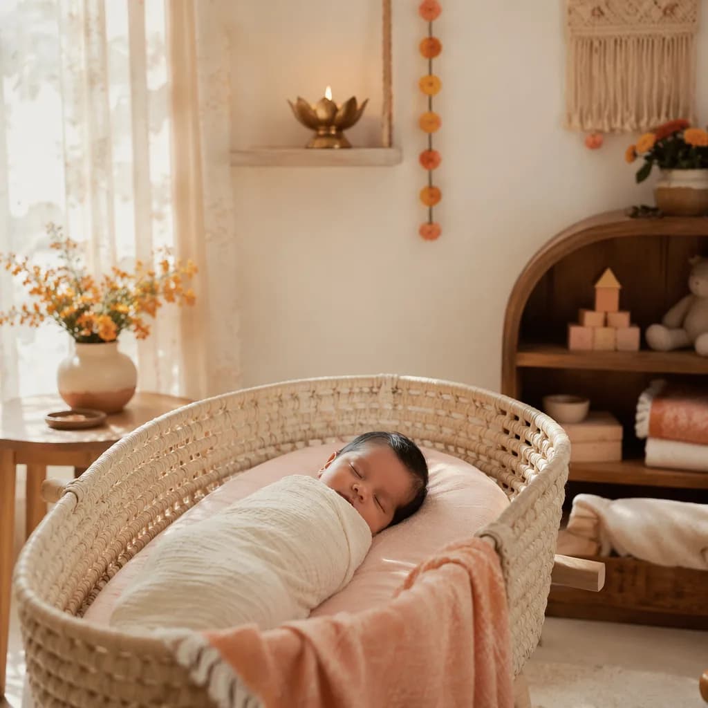 Sleeping baby in a soft pastel nursery with gentle Hindi-inspired light and decor.