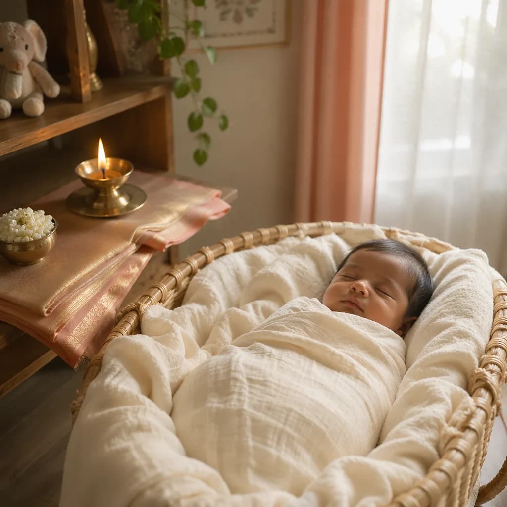 Sleeping baby in a soft Tamil-inspired nursery with a brass diya and jasmine.