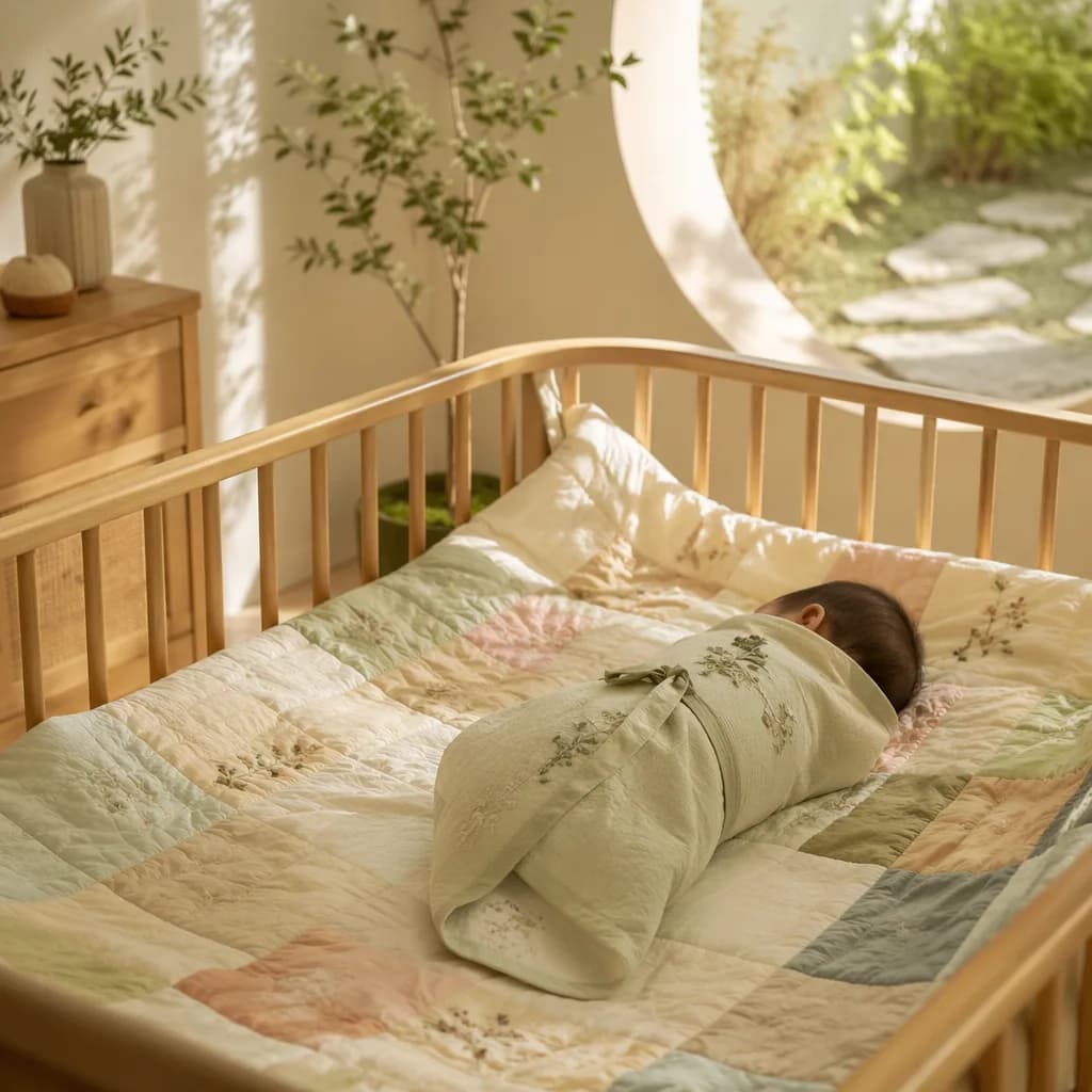 Sleeping Korean baby in a soft pastel nursery with warm natural light.