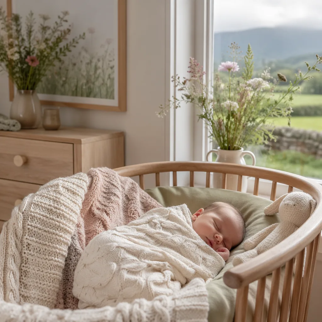 Sleeping baby in a cozy pastel Irish-inspired nursery with soft natural light.