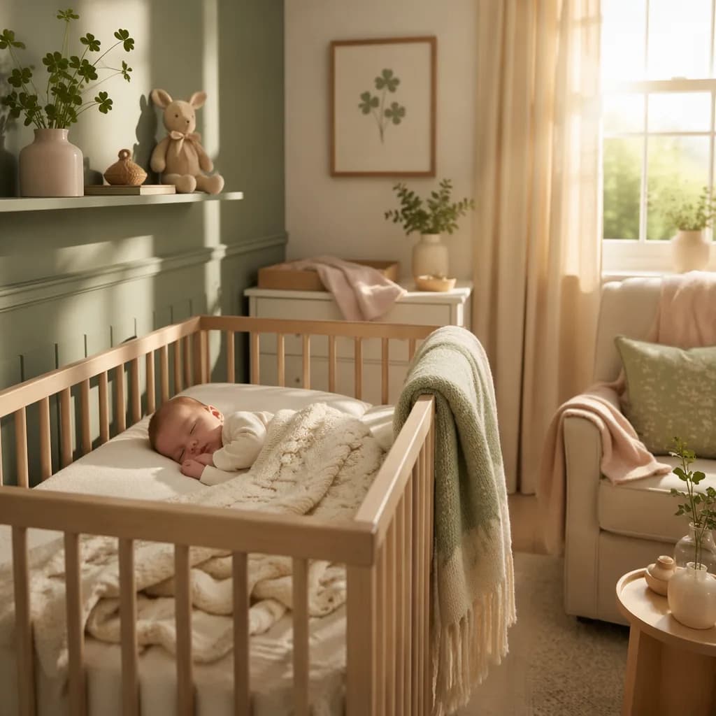 A peaceful Irish-inspired nursery with a sleeping baby in soft morning light.