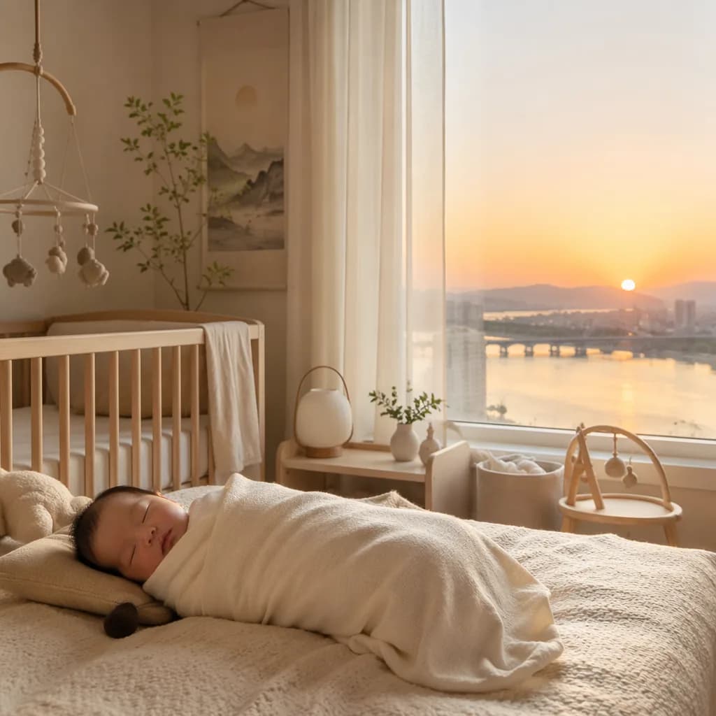 Sleeping baby in a soft Korean-inspired nursery with sunrise and river accents.