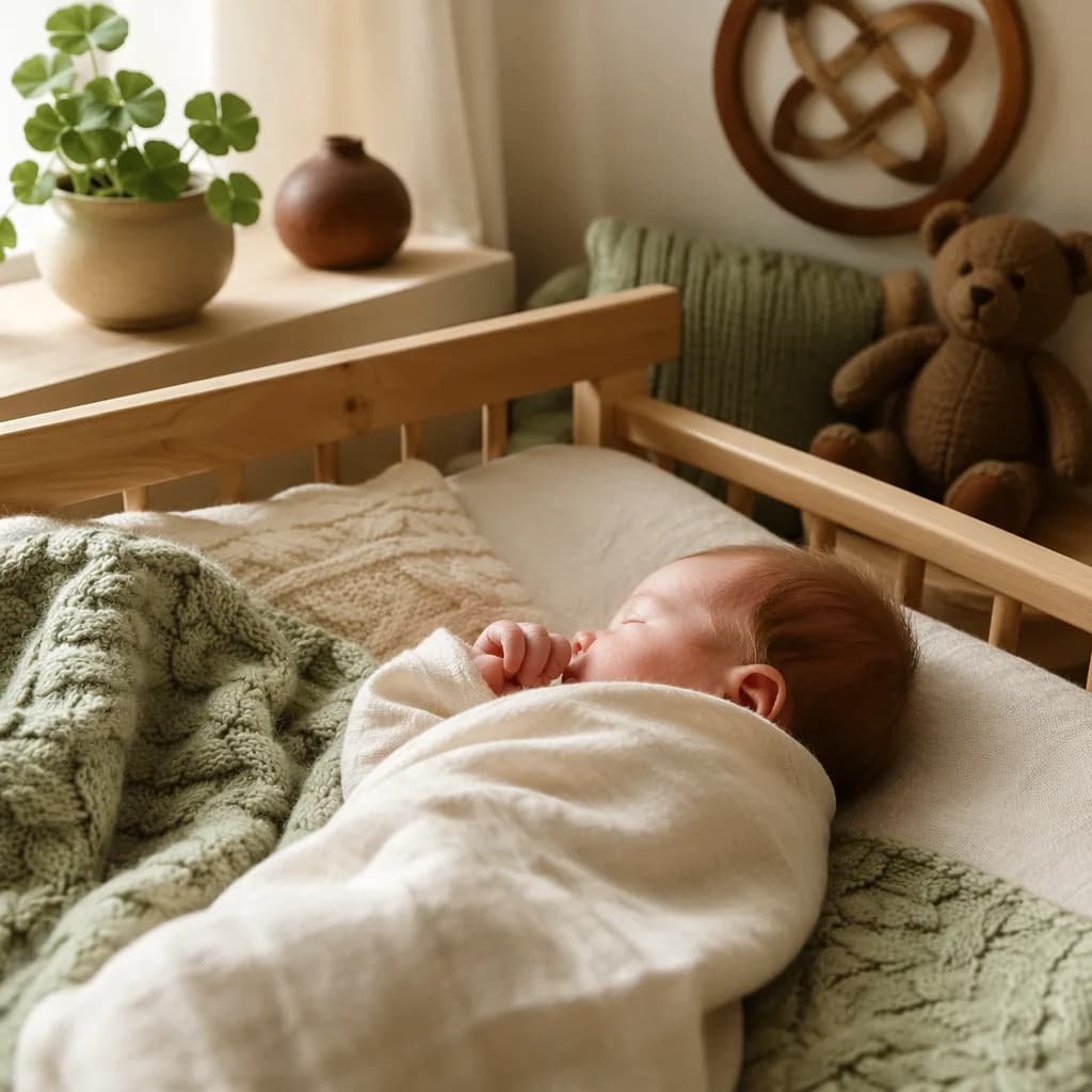 Soft Irish-inspired nursery scene with a peacefully swaddled baby in gentle natural light.