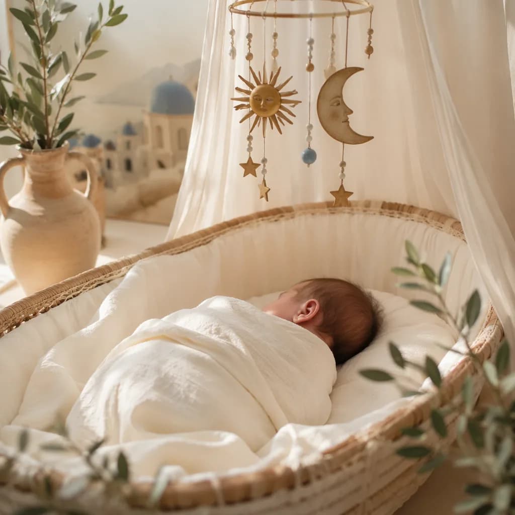 A softly lit Greek-inspired nursery with a swaddled newborn, olive branches, and sun and moon accents.