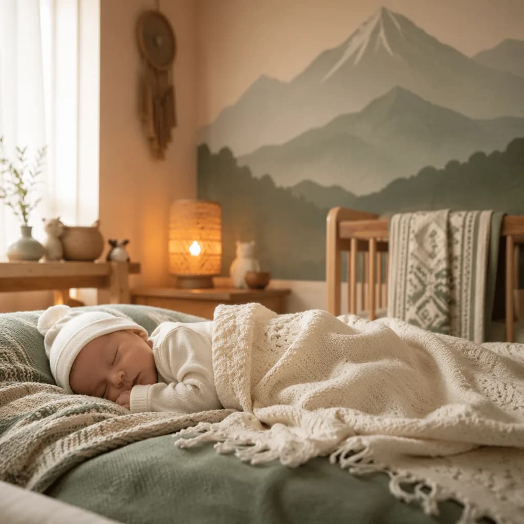 Sleeping baby in a cozy pastel nursery with mountain and warm glow accents.