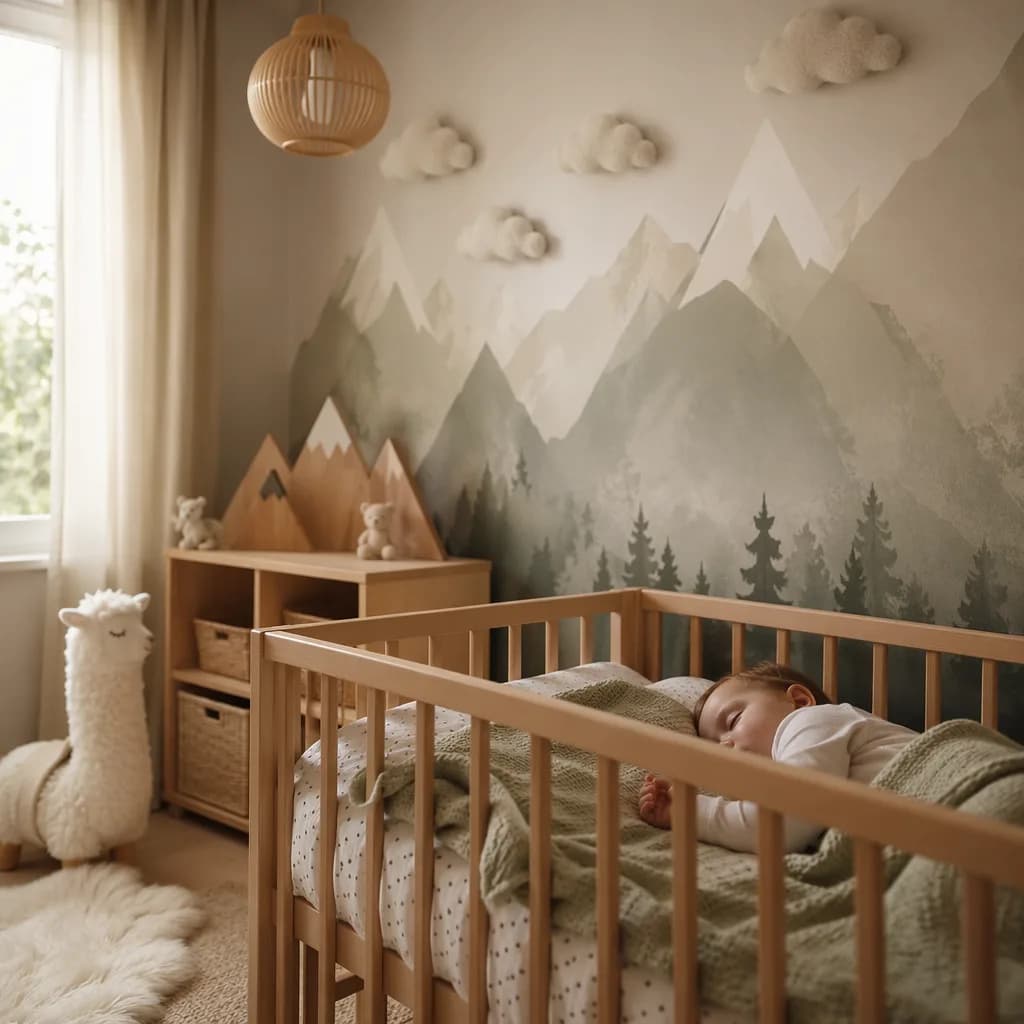 Peaceful pastel nursery with a sleeping baby and soft mountain decor inspired by the name Doruk.