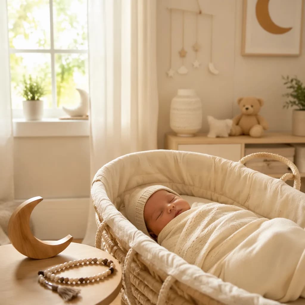 Sleeping newborn in a serene pastel nursery with gentle prayer-inspired decor.