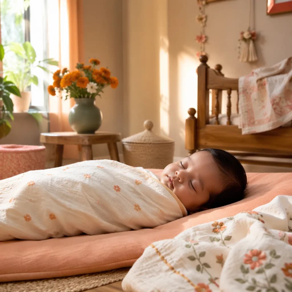 A softly lit cozy nursery with a swaddled baby and warm Indian-inspired accents.