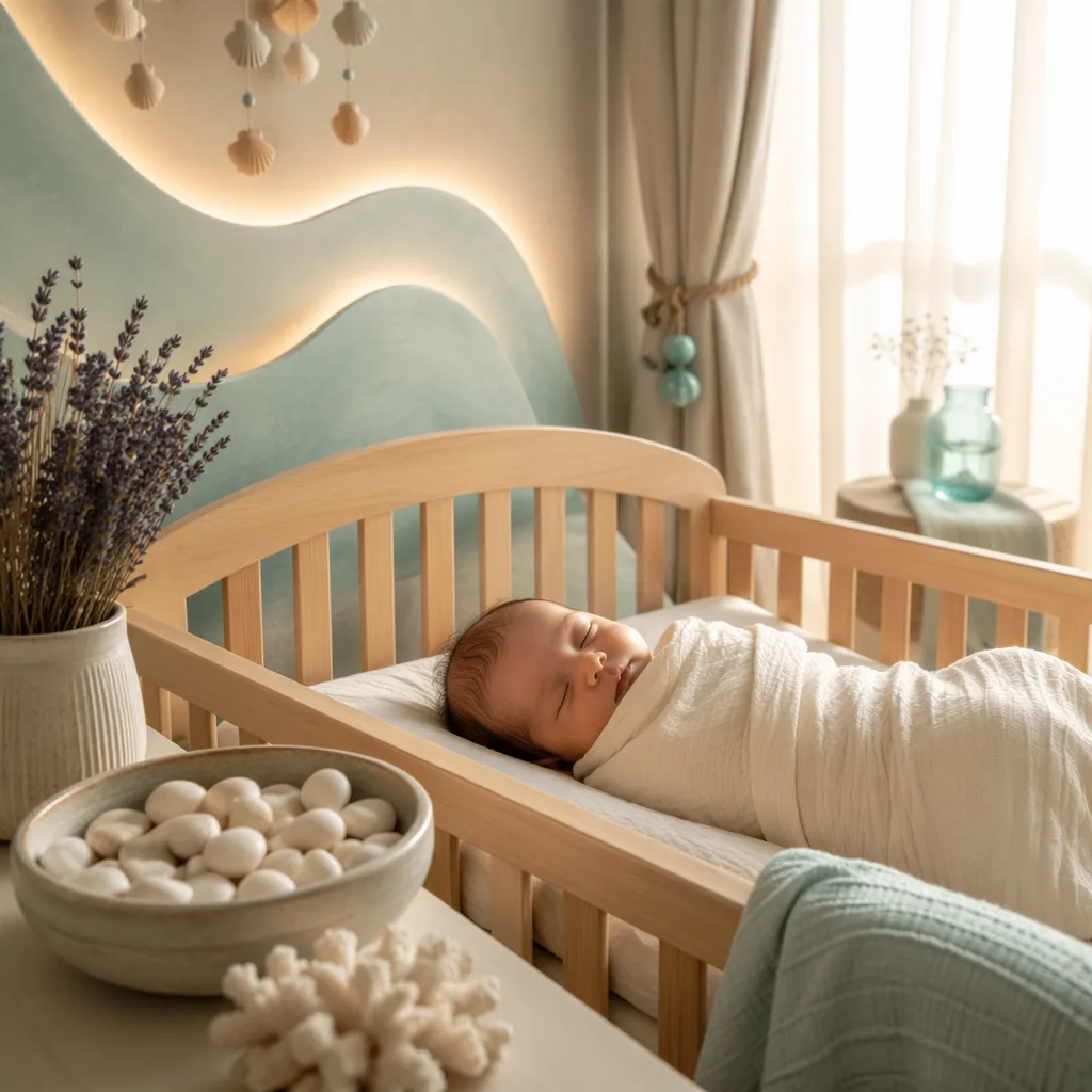 A peaceful pastel nursery with a swaddled newborn and soft aqua sea-inspired accents.