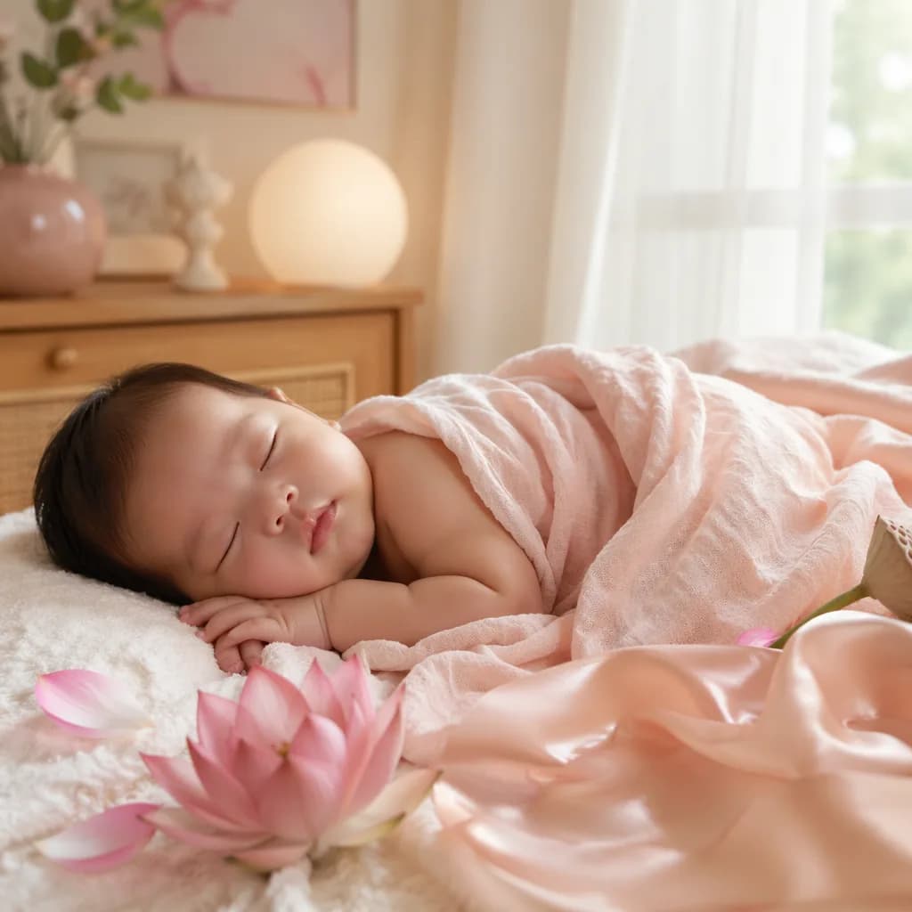 Sleeping baby in a soft pastel nursery with lotus flowers, evoking grace and connection.