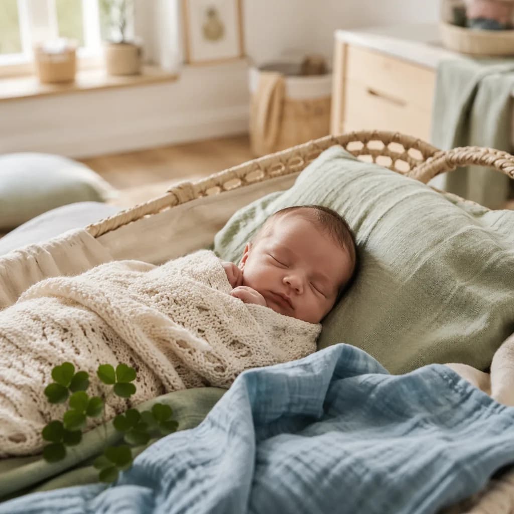Peaceful newborn in a soft Irish-inspired nursery with clover and river-blue accents.
