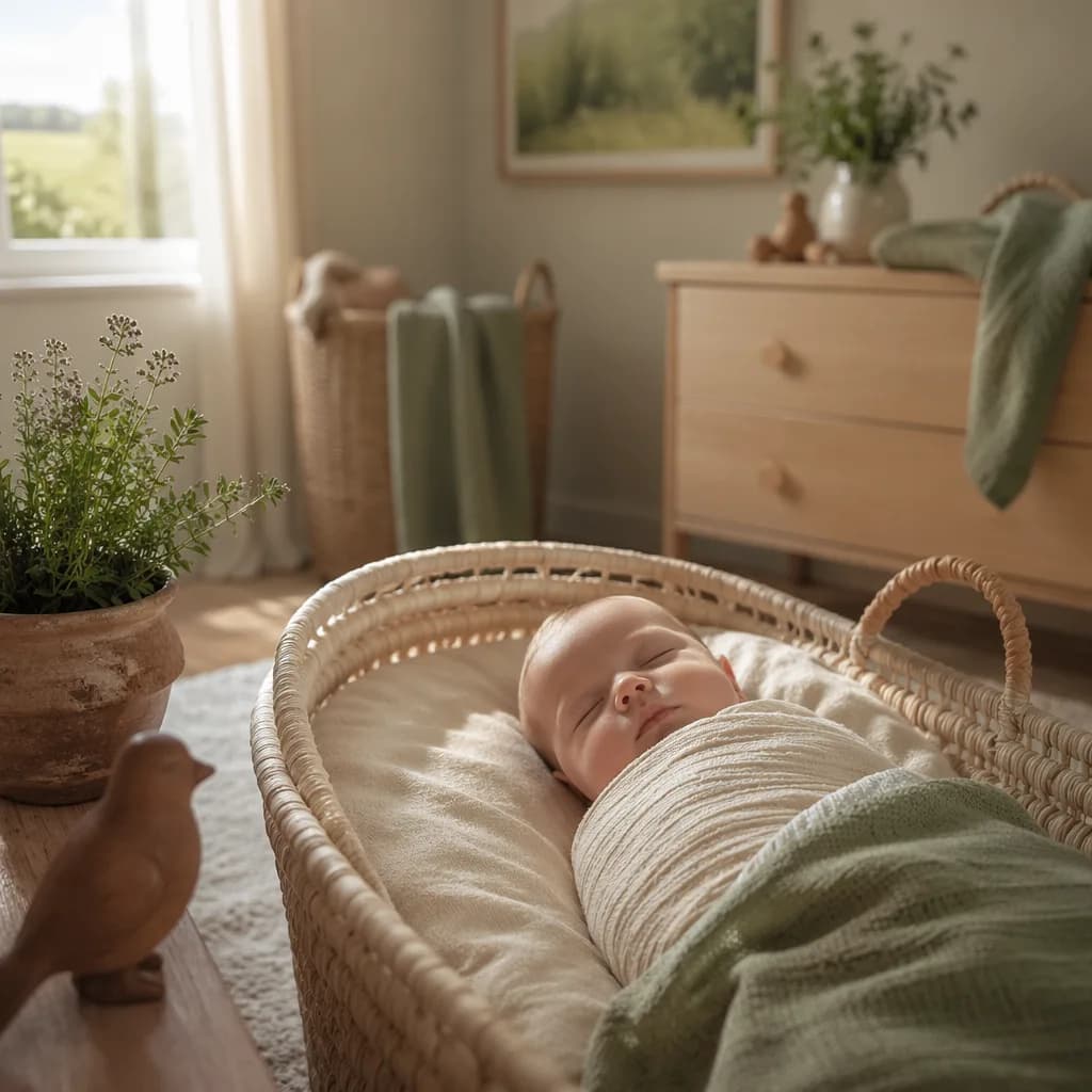 Sleeping baby in a soft Irish-inspired nursery with a wooden bird and herbs.