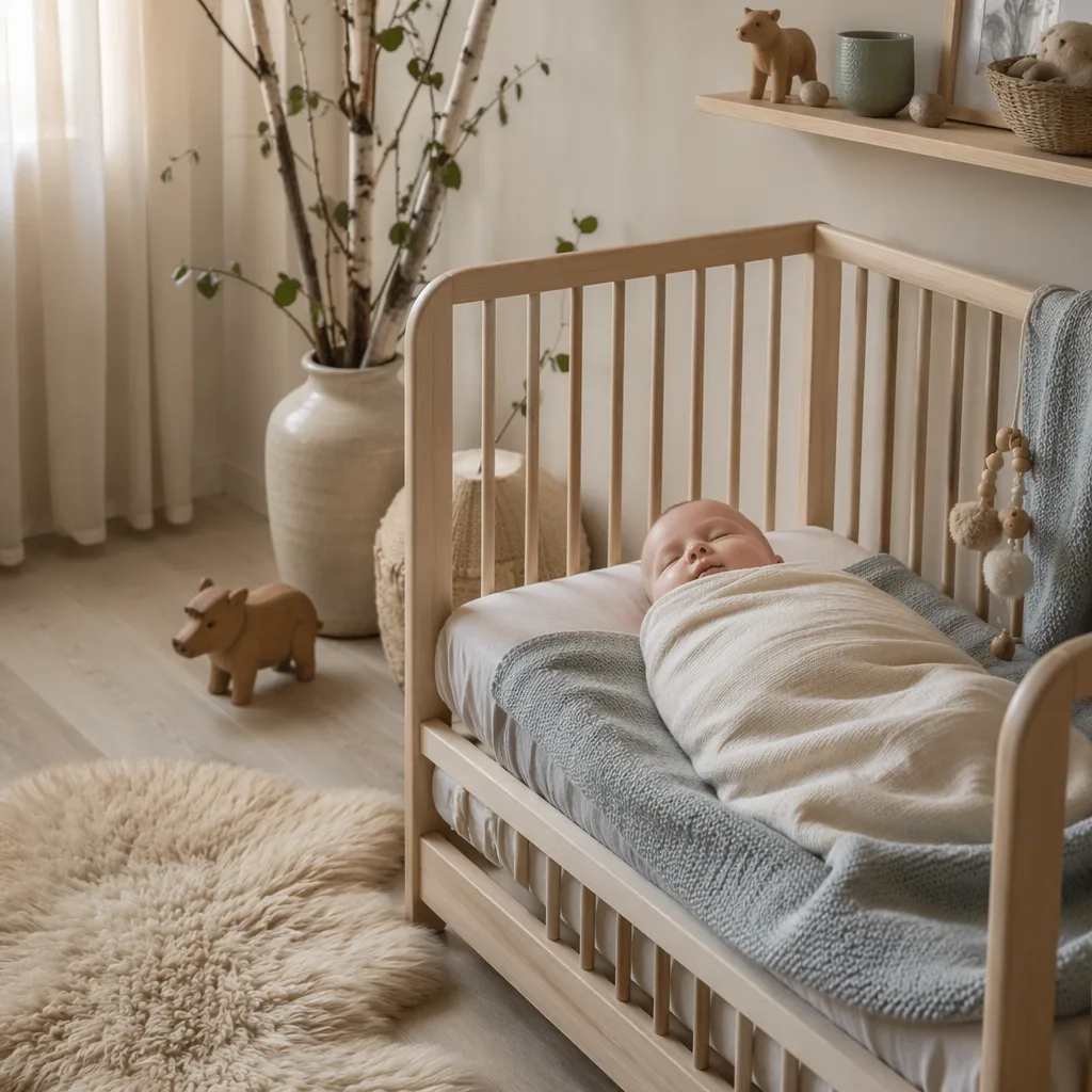 Sleeping baby in a soft Scandinavian nursery with a wooden toy boar and pastel Nordic decor.