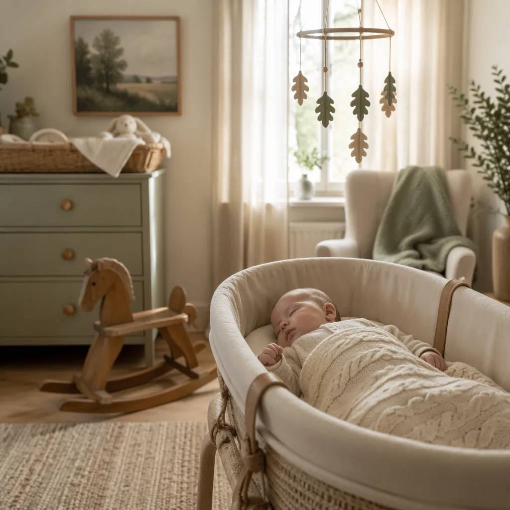 Sleeping baby in a cozy pastel English-inspired nursery with soft natural light.
